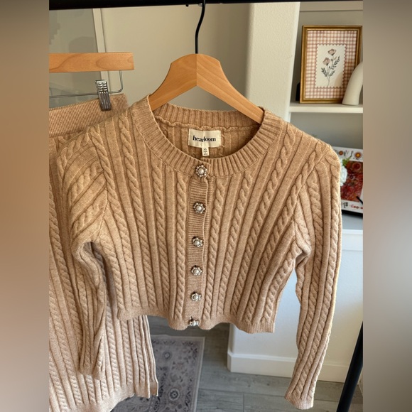 Heartloom Cable-Knit Cardigan Skirt Set, Camel - Picture 2 of 3